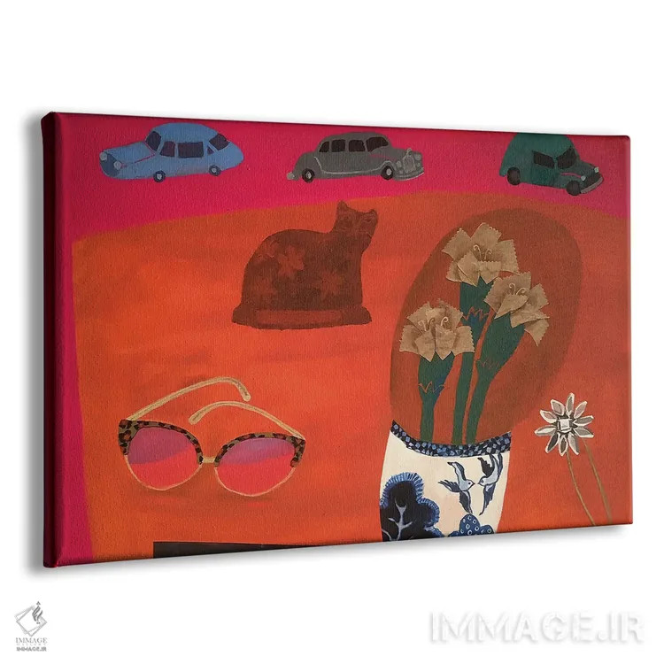 تابلو دکوراتیو میز قرمز با ماشین های پارک شده اثر گرتی یانگ - نمای پرسپکتیو محصول