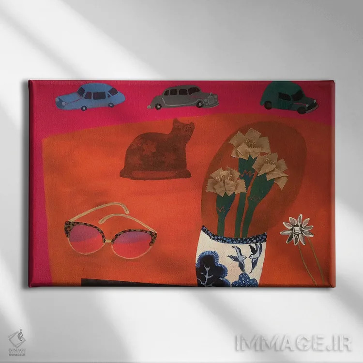 تابلو دکوراتیو میز قرمز با ماشین های پارک شده اثر گرتی یانگ - نمای روبهرو روی دیوار