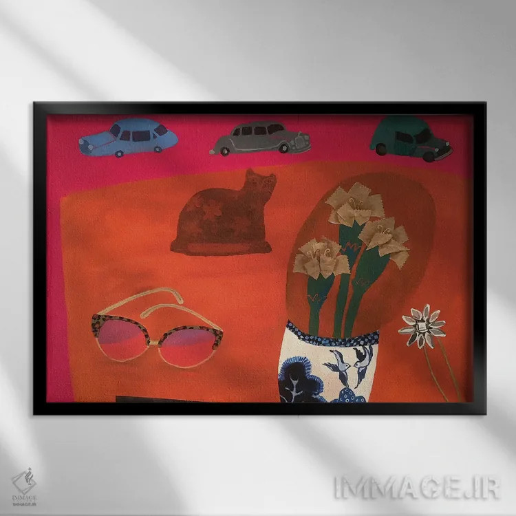 تابلو دکوراتیو میز قرمز با ماشین های پارک شده اثر گرتی یانگ - نمای قابدار مشکی