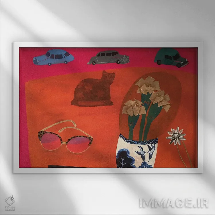 تابلو دکوراتیو میز قرمز با ماشین های پارک شده اثر گرتی یانگ - نمای قابدار سفید