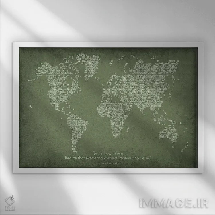 تابلو دکوراتیو نقشه جهان به صورت کد باینری اثر گت یور نرد آن - نمای قابدار سفید