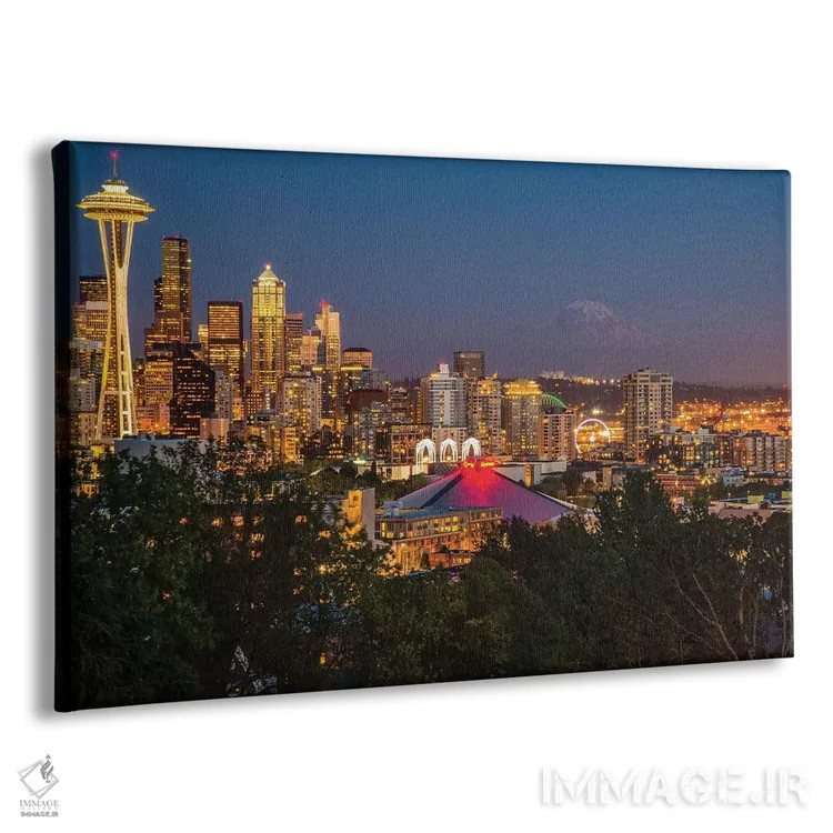 تابلو دکوراتیو Washington State. Seattle, Night Scene, Mount Rainier,,آمری… اثر جورج تئودور - نمای پرسپکتیو محصول