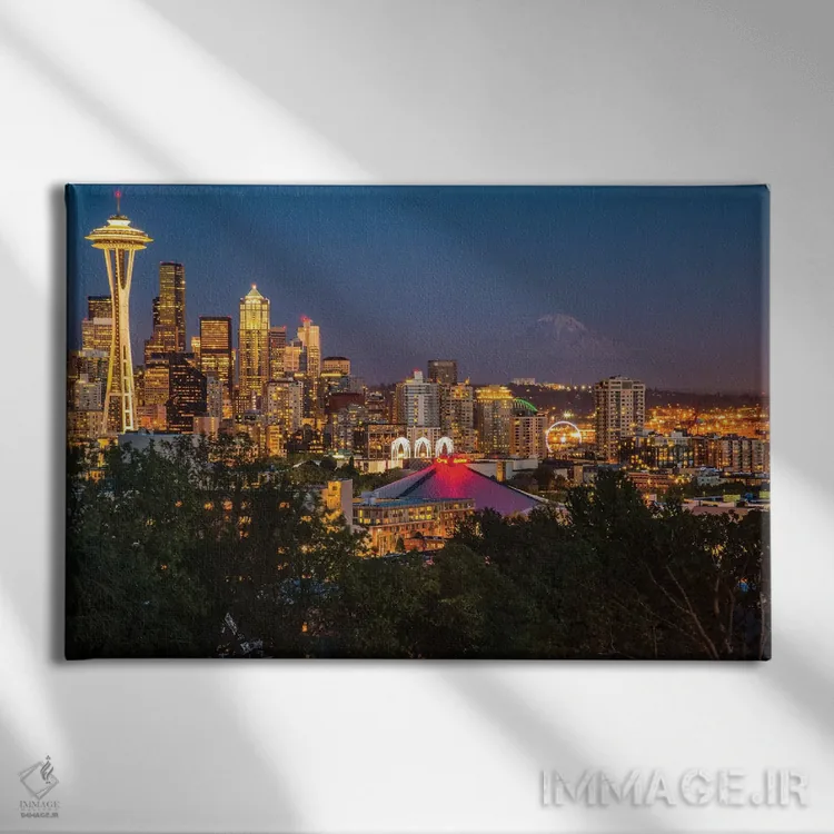تابلو دکوراتیو Washington State. Seattle, Night Scene, Mount Rainier,,آمری… اثر جورج تئودور - نمای روبهرو روی دیوار