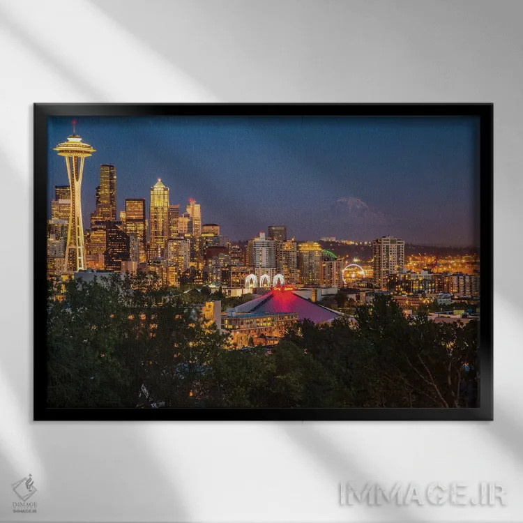 تابلو دکوراتیو Washington State. Seattle, Night Scene, Mount Rainier,,آمری… اثر جورج تئودور - نمای قابدار مشکی