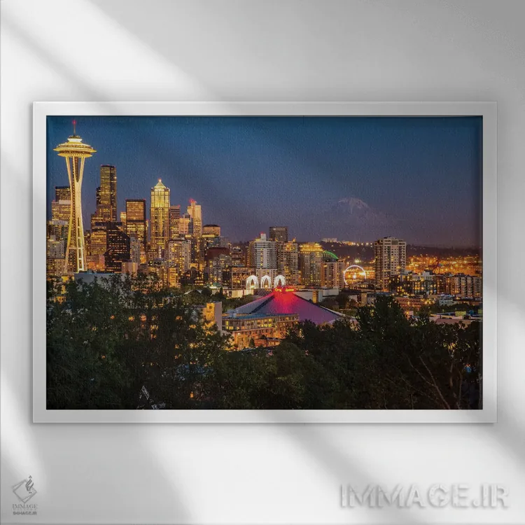 تابلو دکوراتیو Washington State. Seattle, Night Scene, Mount Rainier,,آمری… اثر جورج تئودور - نمای قابدار سفید