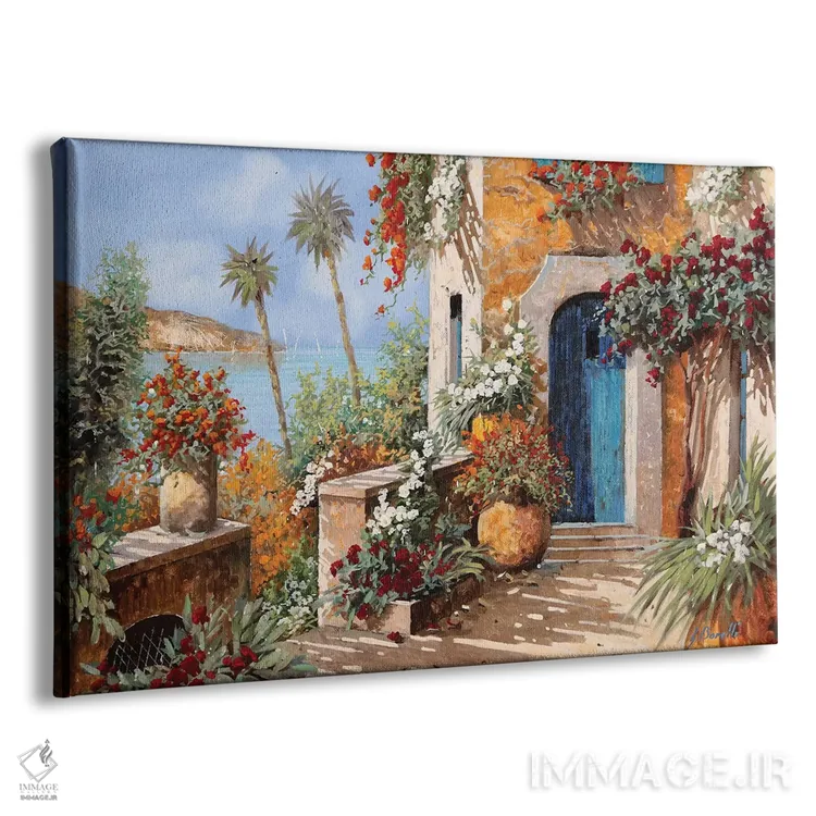 تابلو دکوراتیو نخل ها و در آبی اثر گویدو بورلی - نمای پرسپکتیو محصول