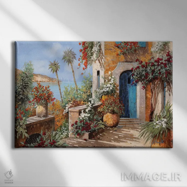 تابلو دکوراتیو نخل ها و در آبی اثر گویدو بورلی - نمای روبهرو روی دیوار