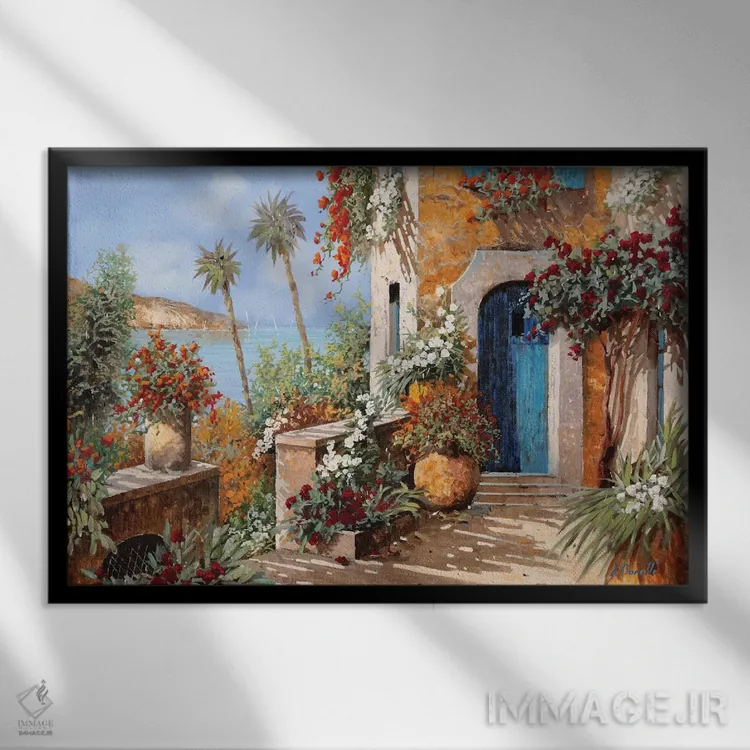 تابلو دکوراتیو نخل ها و در آبی اثر گویدو بورلی - نمای قابدار مشکی