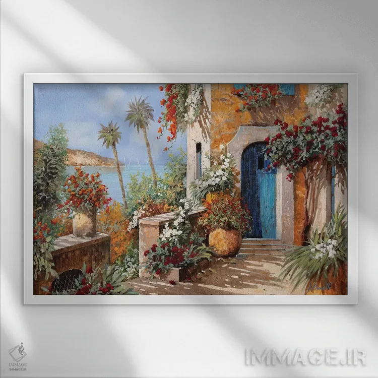 تابلو دکوراتیو نخل ها و در آبی اثر گویدو بورلی - نمای قابدار سفید