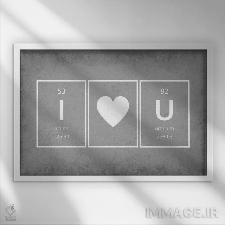 تابلو دکوراتیو دوستت دارم با عناصر جدول تناوبی اثر گت یور نرد آن - نمای قابدار سفید