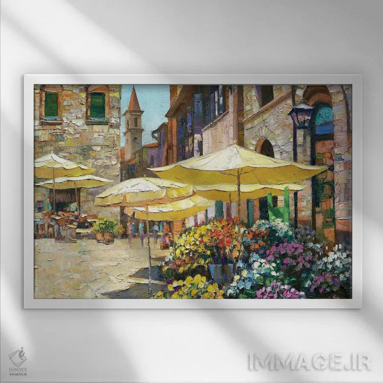 تابلو دکوراتیو بازار گل سینا اثر هاوارد بهرنس - نمای قابدار سفید