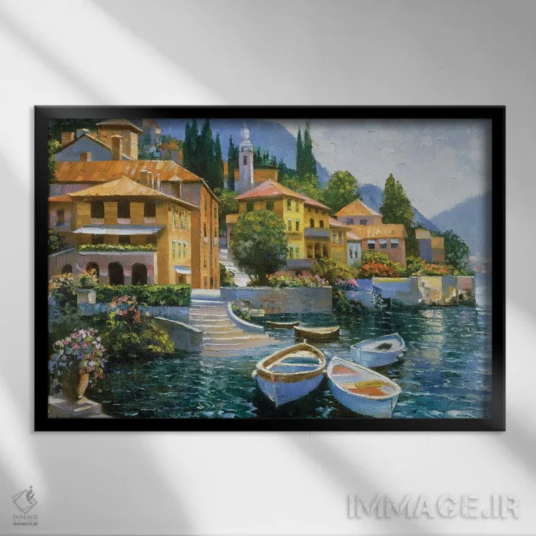 تابلو دکوراتیو اسکله دریاچه کومو اثر هاوارد بهرنس - نمای قابدار مشکی