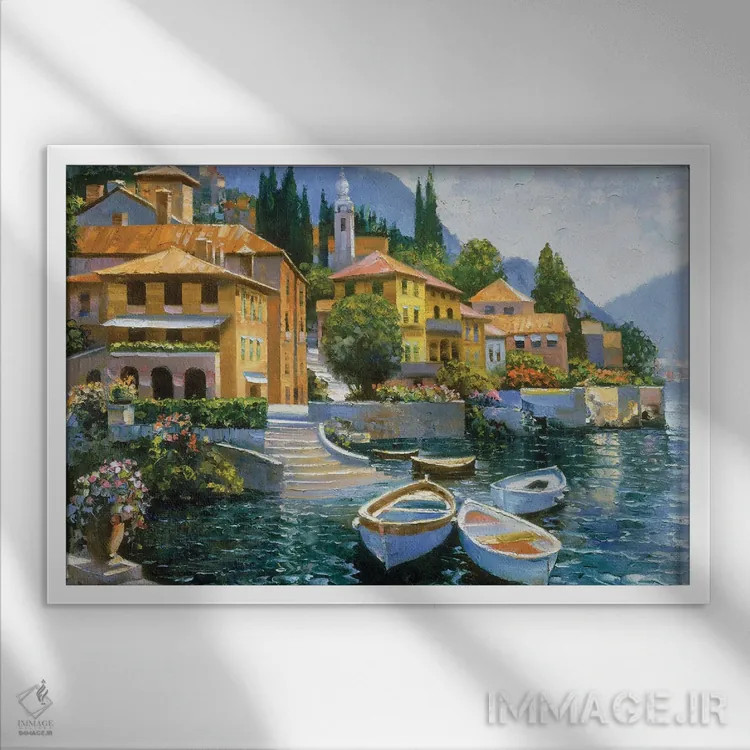 تابلو دکوراتیو اسکله دریاچه کومو اثر هاوارد بهرنس - نمای قابدار سفید