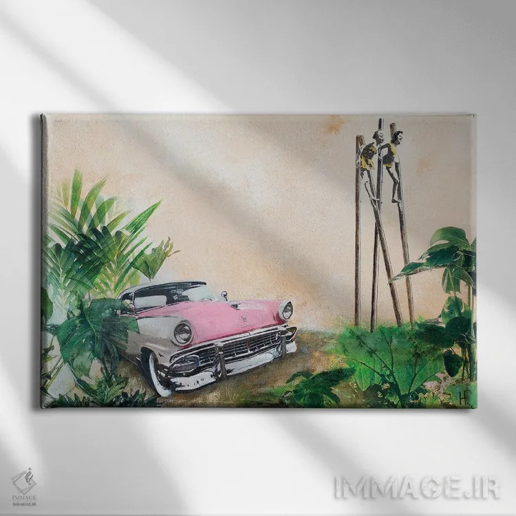 تابلو دکوراتیو تعطیلات با ماشین صورتی ۲ اثر هانک پره بوم - نمای روبهرو روی دیوار