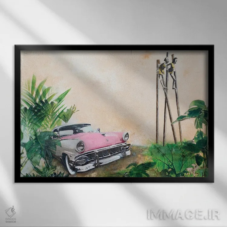 تابلو دکوراتیو تعطیلات با ماشین صورتی ۲ اثر هانک پره بوم - نمای قابدار مشکی