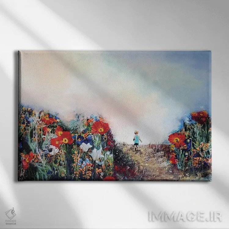 تابلو دکوراتیو قدم زنی در دشت شقایق ها اثر هانک پره بوم - نمای روبهرو روی دیوار