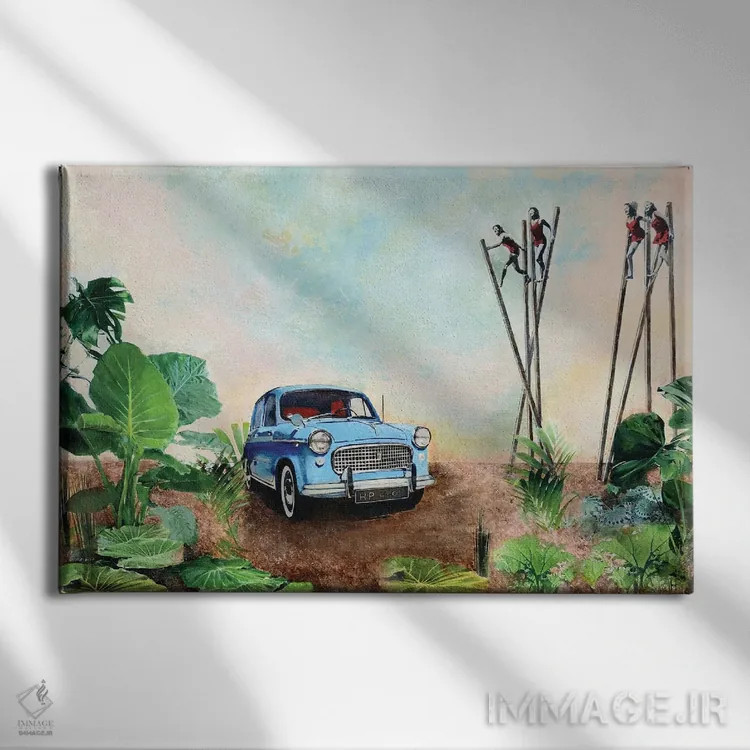 تابلو دکوراتیو تعطیلات با ماشین آبی اثر هانک پره بوم - نمای روبهرو روی دیوار