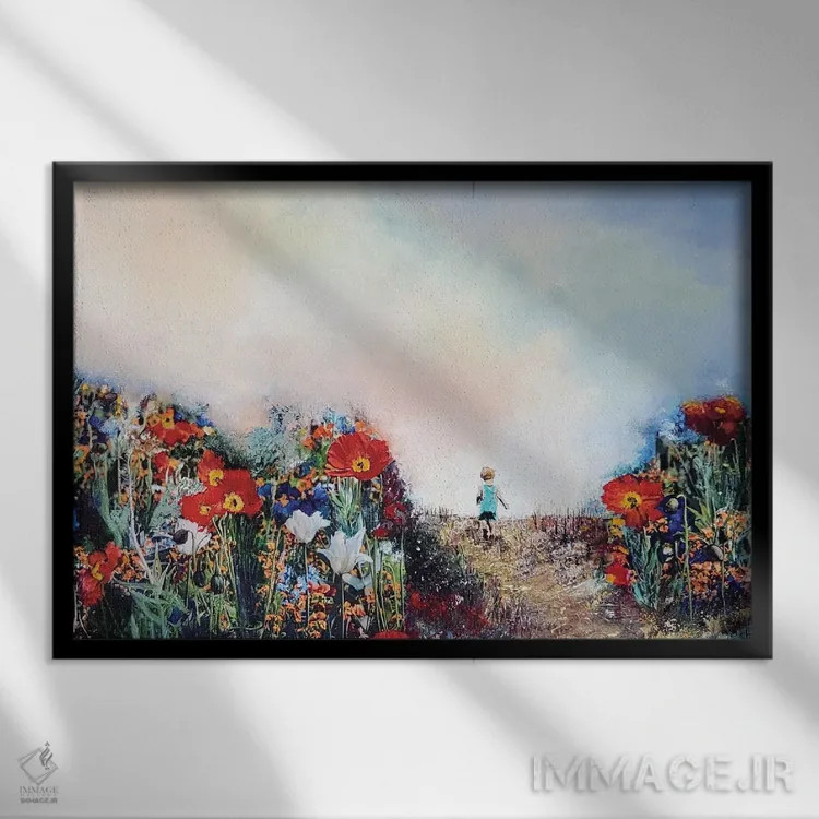 تابلو دکوراتیو قدم زنی در دشت شقایق ها اثر هانک پره بوم - نمای قابدار مشکی