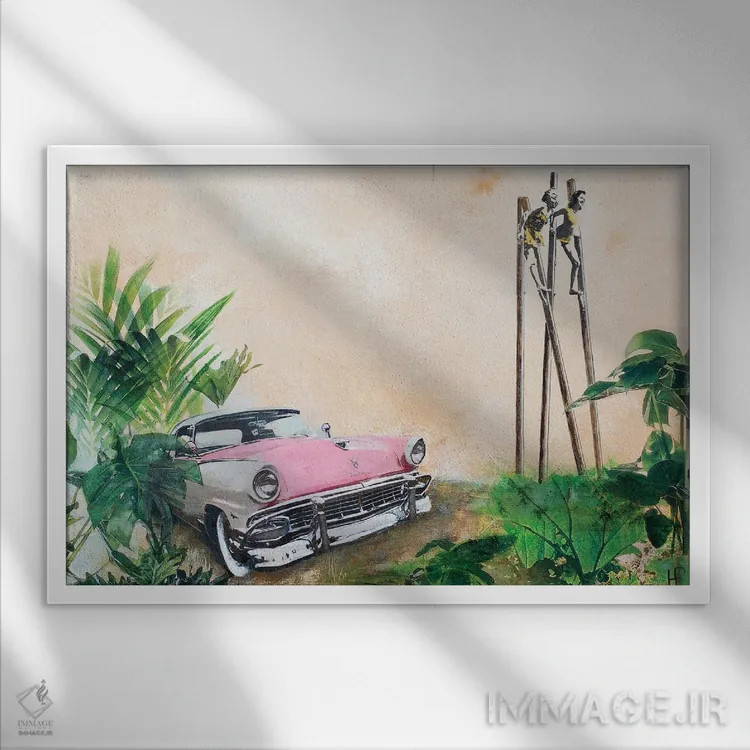تابلو دکوراتیو تعطیلات با ماشین صورتی ۲ اثر هانک پره بوم - نمای قابدار سفید