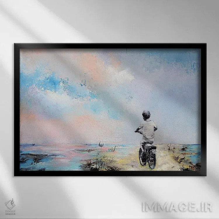 تابلو دکوراتیو پسر روی دوچرخه اش ۱ اثر هانک پره بوم - نمای قابدار مشکی