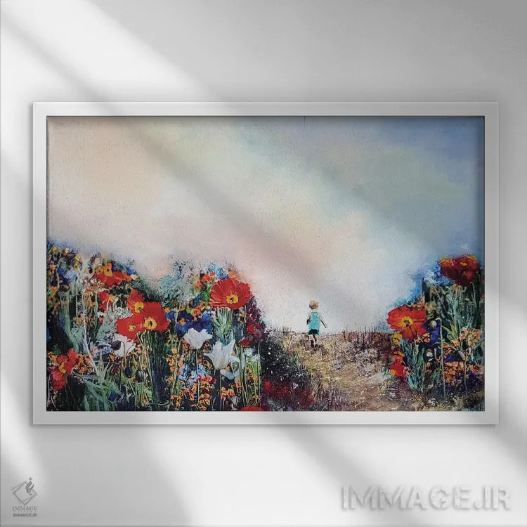 تابلو دکوراتیو قدم زنی در دشت شقایق ها اثر هانک پره بوم - نمای قابدار سفید