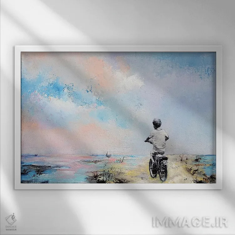 تابلو دکوراتیو پسر روی دوچرخه اش ۱ اثر هانک پره بوم - نمای قابدار سفید