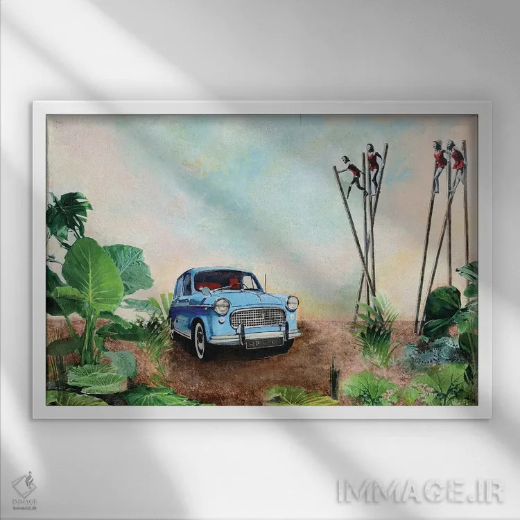 تابلو دکوراتیو تعطیلات با ماشین آبی اثر هانک پره بوم - نمای قابدار سفید