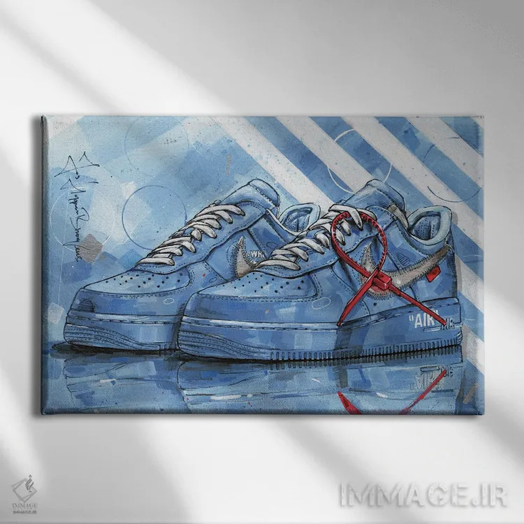 تابلو دکوراتیو نایک ایر فورس ۱ مدل Offwhite University Blue اثر ژوس هوپن برورز - نمای روبهرو روی دیوار
