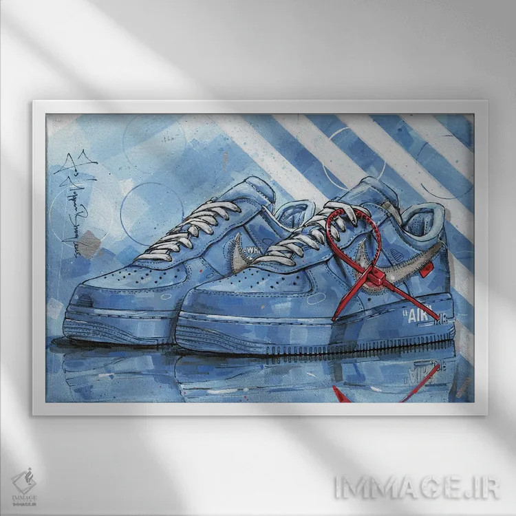تابلو دکوراتیو نایک ایر فورس ۱ مدل Offwhite University Blue اثر ژوس هوپن برورز - نمای قابدار سفید