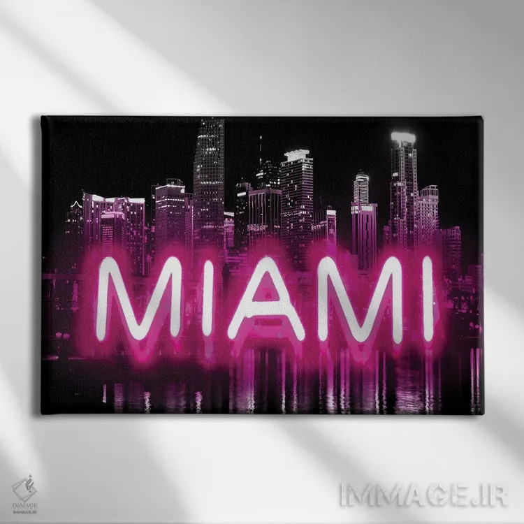 تابلو دکوراتیو نئون صورتی میامی روی مشکی اثر هیلی کار - نمای روبهرو روی دیوار