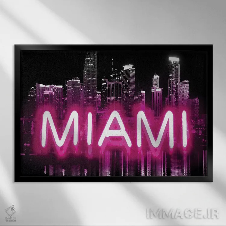 تابلو دکوراتیو نئون صورتی میامی روی مشکی اثر هیلی کار - نمای قابدار مشکی