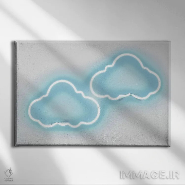 تابلو دکوراتیو نئون ابرها آکوا روی سفید اثر هیلی کار - نمای روبهرو روی دیوار