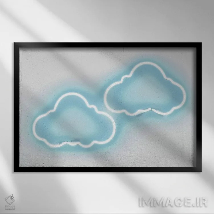 تابلو دکوراتیو نئون ابرها آکوا روی سفید اثر هیلی کار - نمای قابدار مشکی