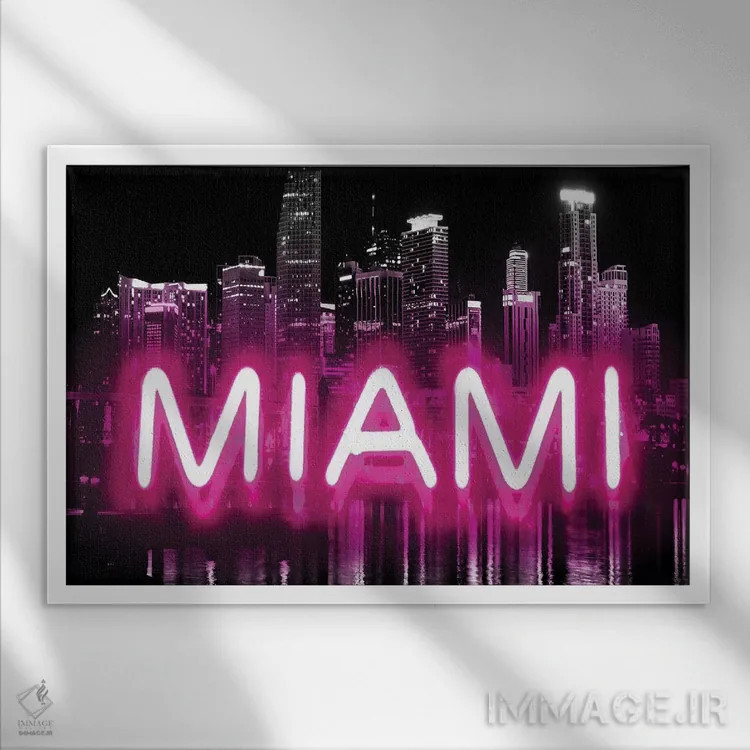 تابلو دکوراتیو نئون صورتی میامی روی مشکی اثر هیلی کار - نمای قابدار سفید