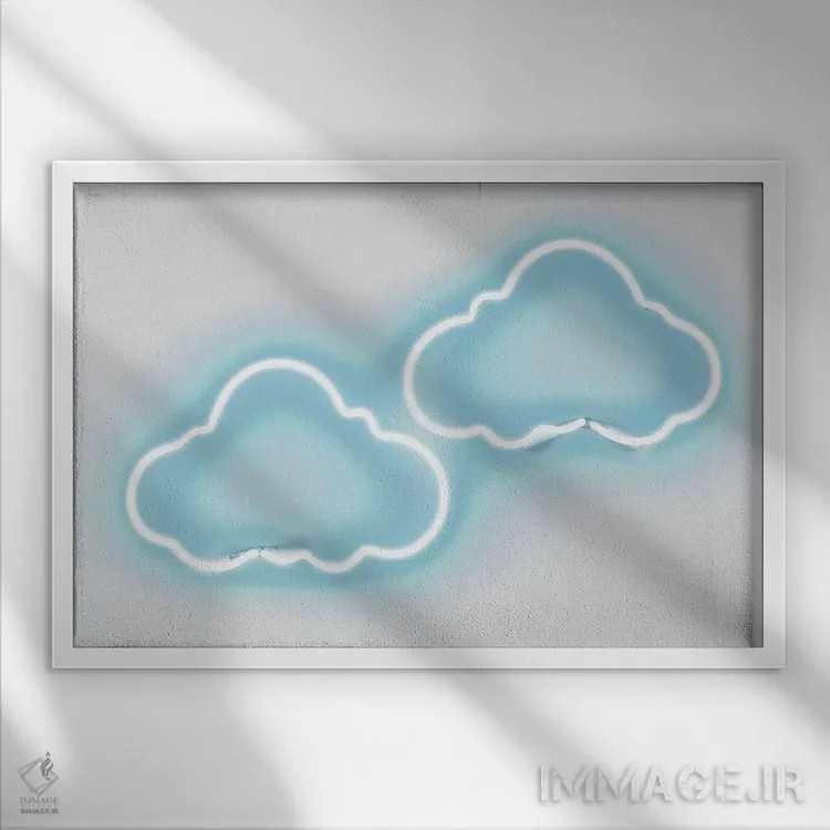 تابلو دکوراتیو نئون ابرها آکوا روی سفید اثر هیلی کار - نمای قابدار سفید