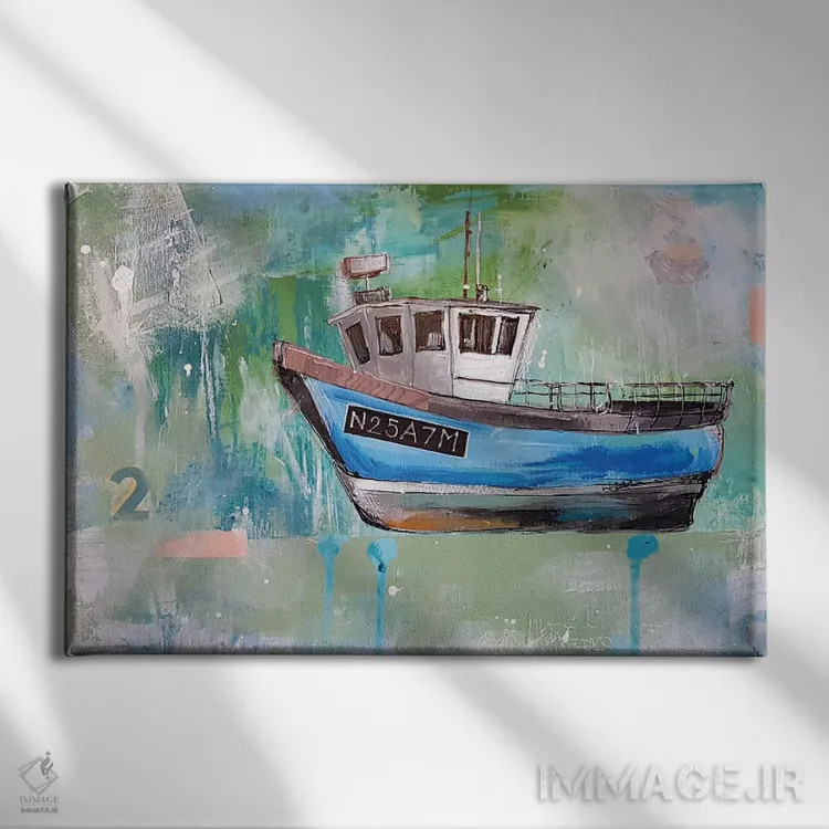 تابلو انتزاعی قایق ماهیگیری آبی اثر هایدی کلاوسون - نمای روبهرو روی دیوار