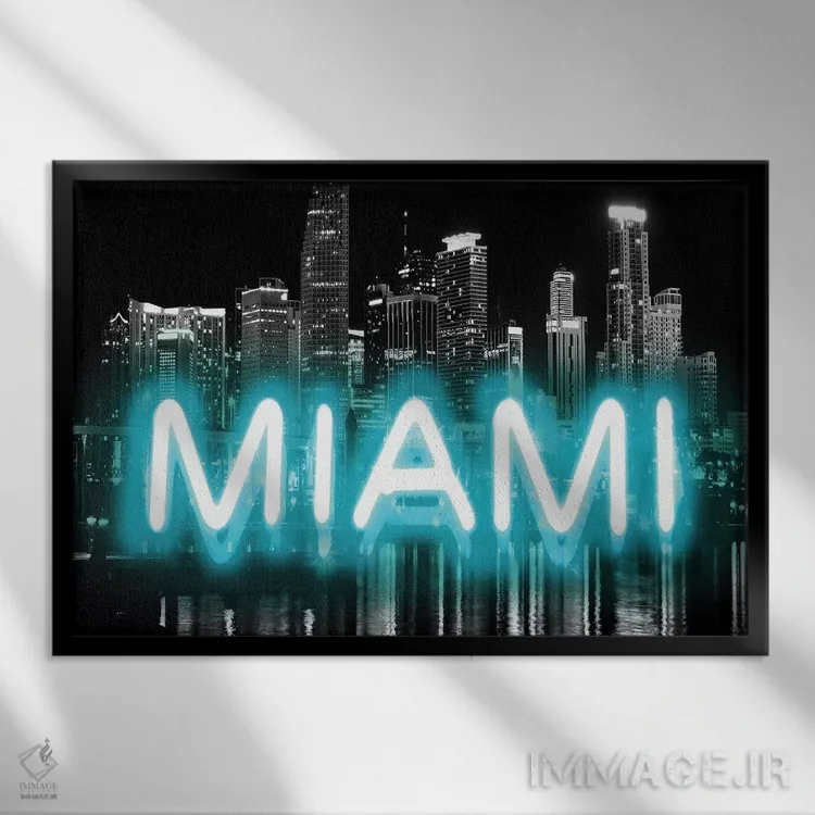 تابلو دکوراتیو نئون میامی آکوا روی مشکی اثر هیلی کار - نمای قابدار مشکی