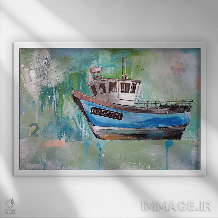تابلو انتزاعی قایق ماهیگیری آبی اثر هایدی کلاوسون - نمای قابدار سفید