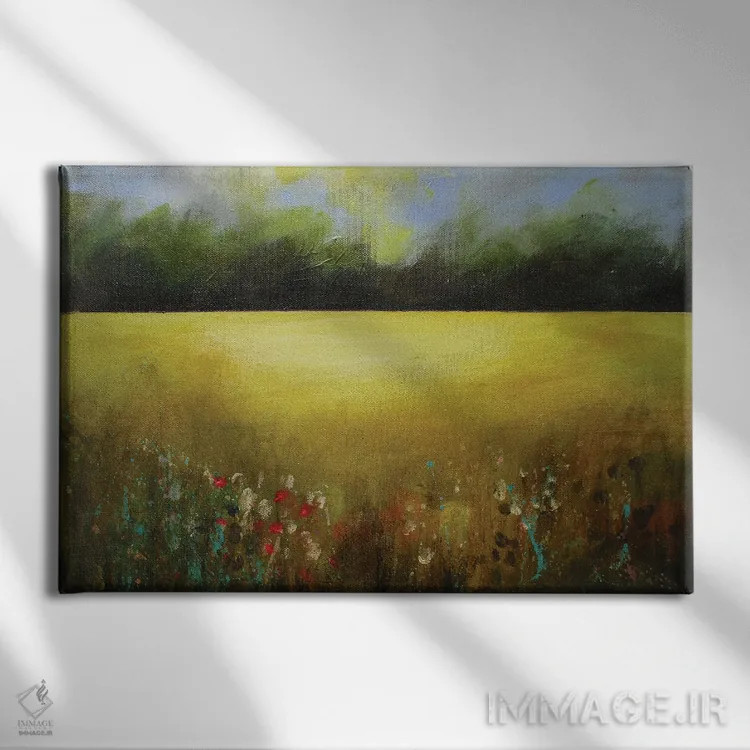 تابلو انتزاعی چمنزار طلایی اثر هایدی کلاوسون - نمای روبهرو روی دیوار