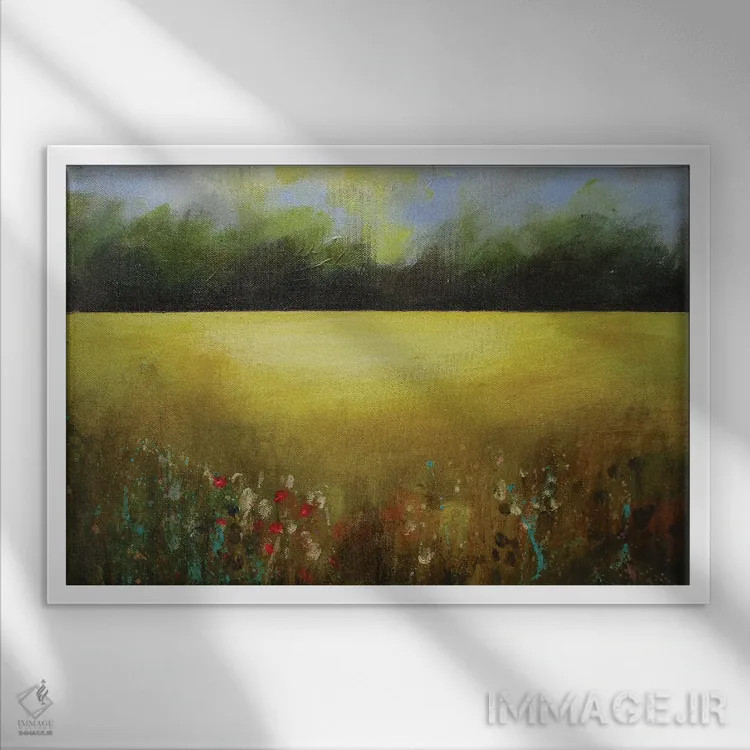 تابلو انتزاعی چمنزار طلایی اثر هایدی کلاوسون - نمای قابدار سفید