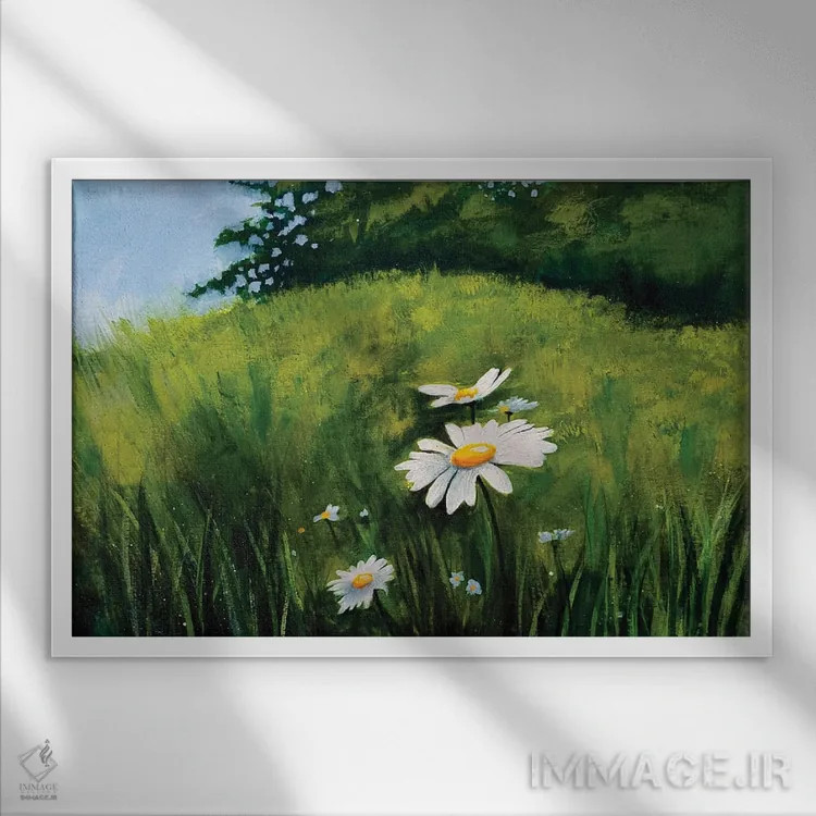 تابلو مدرن چمنزار گل مروارید اثر هایدی کلاوسون - نمای قابدار سفید