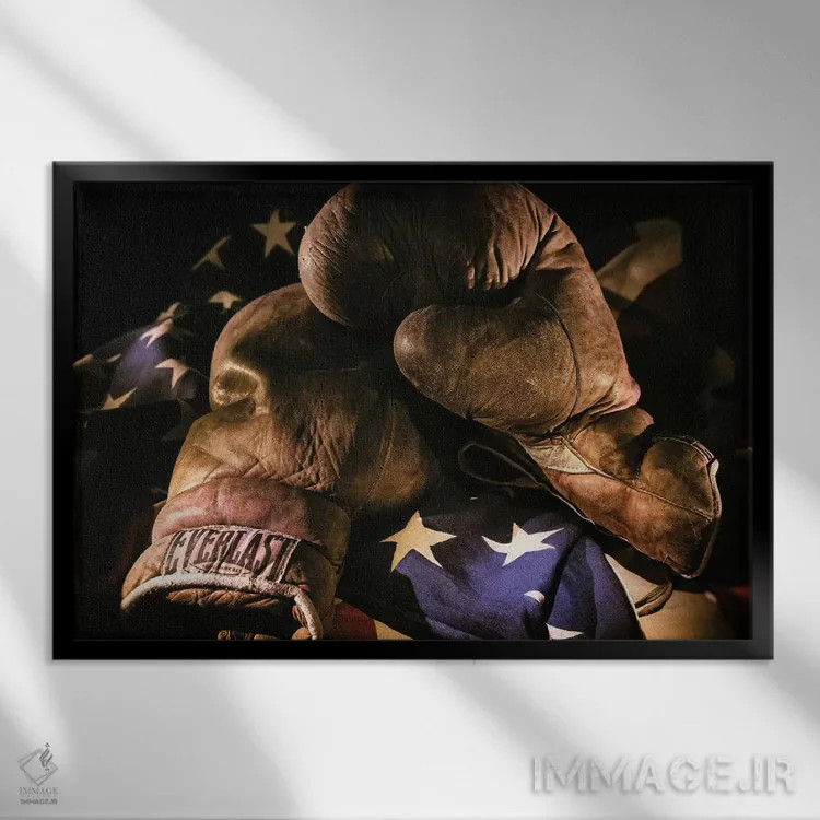 تابلو دکوراتیو یک جفت دستکش بوکس قدیمی روی پرچمی با نورپردازی هنرمندانه اثر شیلا حداد - نمای قابدار مشکی