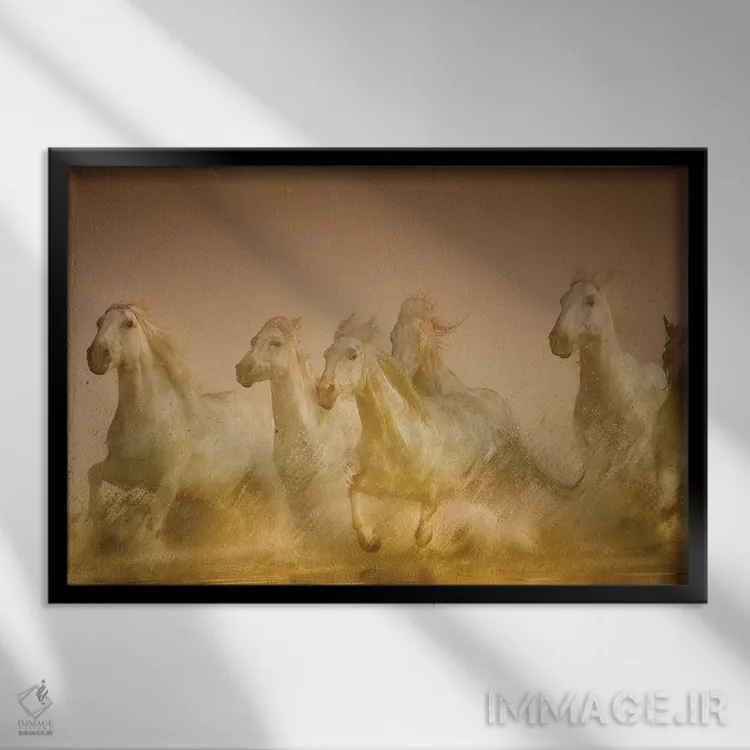 تابلو دکوراتیو گله اسب های یورتمه رو کامارگ ۲ اثر شیلا حداد - نمای قابدار مشکی