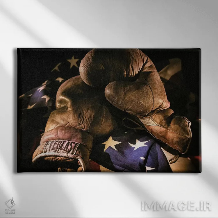 تابلو دکوراتیو یک جفت دستکش بوکس قدیمی روی پرچمی با نورپردازی هنرمندانه اثر شیلا حداد - نمای روبهرو روی دیوار