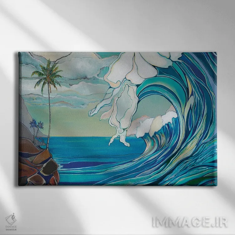 تابلو دکوراتیو موج بزرگ بر ساحل صخره ای اثر هیدن هیل - نمای روبهرو روی دیوار