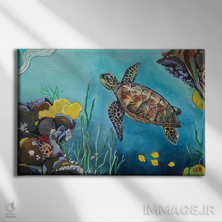 تابلو دکوراتیو لاک پشت زیر دریا اثر هیدن هیل - نمای روبهرو روی دیوار
