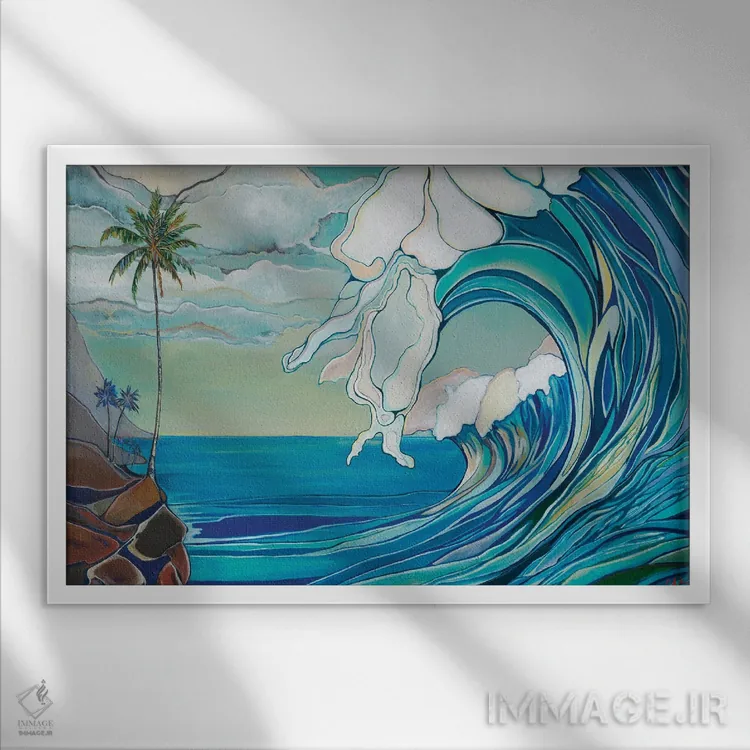 تابلو دکوراتیو موج بزرگ بر ساحل صخره ای اثر هیدن هیل - نمای قابدار سفید