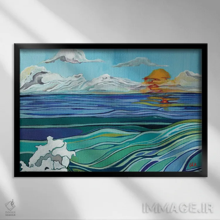 تابلو دکوراتیو غروب آفتاب بر دریای آرام اثر هیدن هیل - نمای قابدار مشکی