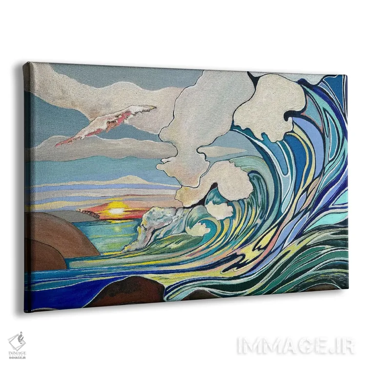 تابلو دکوراتیو برخورد موج اقیانوس هنگام غروب اثر هیدن هیل - نمای پرسپکتیو محصول