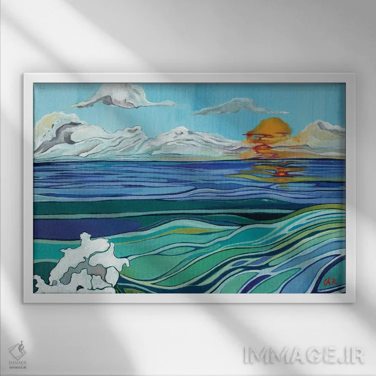 تابلو دکوراتیو غروب آفتاب بر دریای آرام اثر هیدن هیل - نمای قابدار سفید